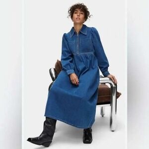 ALIGNE Gabriella Indigo Denim Dress Size 8 Organic Cotton Country Jumper Maxi